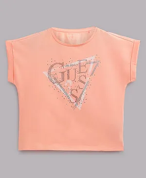 Guess Cap Sleeves Stone Embellished T Shirt - Peach