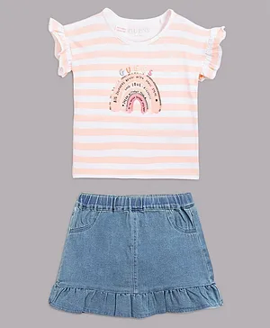 Guess Half Sleeves Typography Sequinned Embellished Striped Top With Skirt - White And Pink