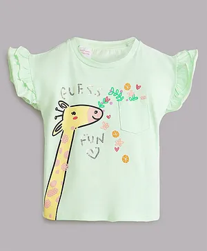Guess Frill Cap Sleeves Giraffe Printed & Sequin Embellished Top - Mint Green
