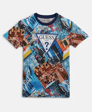 Guess Half Sleeves Moroccan Mosaic Abstract Printed Tee - blue & Multi Colour