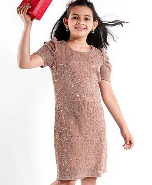 Hola Bonita Puffed Half Sleeves Party Wear Frock With Glitter & Sequine Detailing - Gold