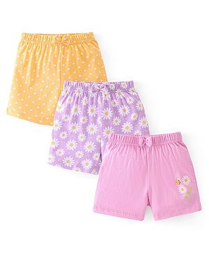 Babyhug Cotton Jersey Knit Mid Thigh Length Shorts Floral & Dot Print Pack of 3 - Pink Purple & Yellow