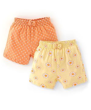 Babyhug Cotton Jersey Knit Floral and Polka Dots Printed Shorts with Bow Applique Pack of 2 - Yellow & Orange