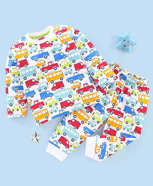 Babyhug Cotton Knit Full Sleeves Night Suit Cars & Buses Print - White