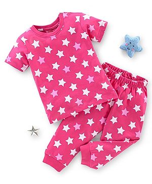 Babyhug Cotton Knit Half Sleeves Night Suit Stars Print - Pink
