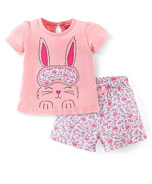 Babyhug Cotton Half Sleeves Night Suit Bunny & Floral Print- Peach & White