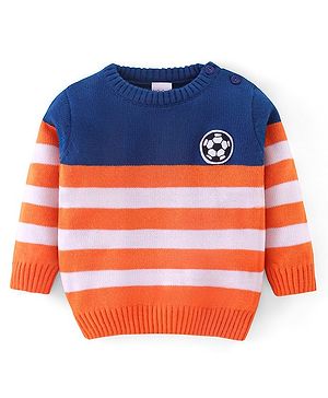 Babyhug Knit Full Sleeves Striped Sweater - Orange & Blue Babyhug Knit Full Sleeves Striped Sweater - Orange & Blue