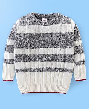 Babyhug Knit Full Sleeves Stripe Print Sweater - White & Grey