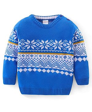 Babyhug Knit Full Sleeves Floral Design Sweater - Blue