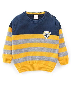 Babyhug Knit Full Sleeves Sweater With Striped & Soccer Badge - Blue & Yellow