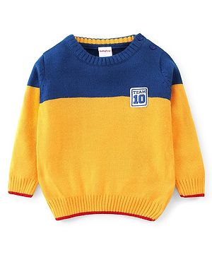 Babyhug Knit Full Sleeves Pullover Sweater With Patch - Yellow & Navy Blue