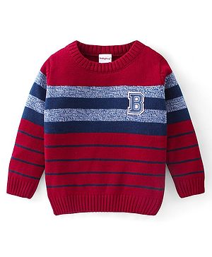 Babyhug Knit Full Sleeves Pullover Sweater Striped & B Embroidery - Red & Navy Blue