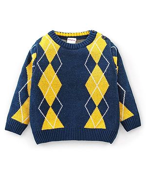 Babyhug Knit Full Sleeves Sweater With Kite Print - Navy Blue & Yellow