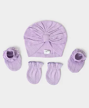 Mi Arcus 100% Cotton Pack Of 3 Solid Cap Mittens & Socks - Purple