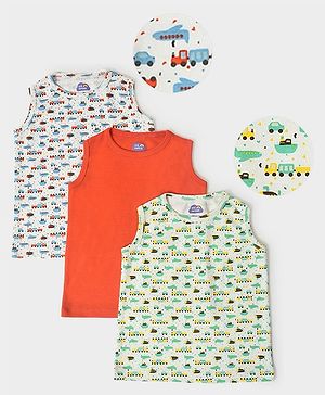 Mi Arcus  Cotton Sleeveless Vehicle Printed T-Shirts Pack of 3 White Orange & Green