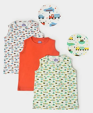 Mi Arcus Pack Of 3 100% Cotton Sleeveless Solid & All Over Vehicles Printed Tank Tops - White Orange & Green