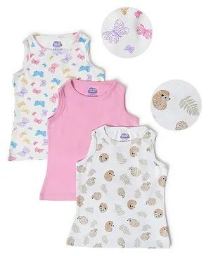 Mi Arcus Pack Of 3 100% Cotton Sleeveless All Over Butterflies & Raccoon Printed Tank Tops - White & Pink