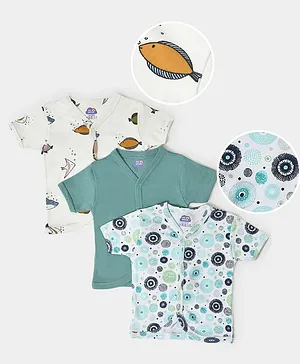 Mi Arcus 100% Cotton Pack Of 3 Half Sleeves Fishes & Abstract Printed Tees - Green White