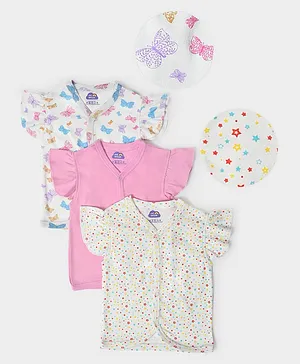 Mi Arcus 100% Cotton Pack Of 3 Frilled Sleeves Hearts & Butterfly Printed Tees - White Pink
