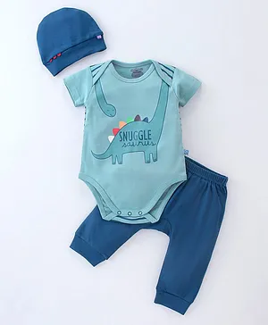 Mini Taurus Half Sleeves Onesie with Lounge Pants & Cap Dino Print - Blue