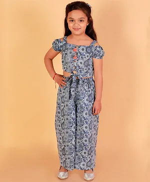 Lil Drama Cold Shoulder Short Sleeves Seamless Jaipuri Floral Printed Crop Top With Coordinating Pant - Blue