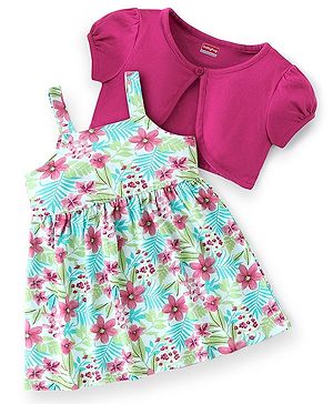Babyhug 100% Cotton Knit Frock With Half Sleeves Shrug & Floral Print - Mint & Fuschia