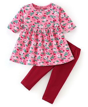 Babyhug Cotton Knit Three Fourth Sleeves Frock with Leggings Floral Print - Maroon & Pink