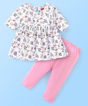 Babyhug Cotton Knit Three Fourth Sleeves Frock With Leggings Floral Print - White & Pink