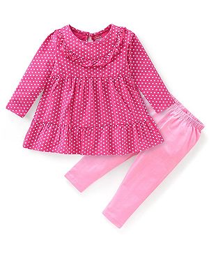 Babyhug 100% Cotton Knit Full Sleeves Frock with Legging Polka Dot Print - Dark Pink