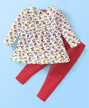 Babyhug 100% Cotton Knit Full Sleeves Knee Length Frock with Leggings Floral Print - White & Maroon