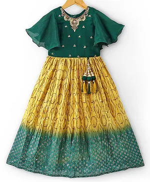 Enfance Flutter Sleeves Neckline Embellished Tassel Detail Colour Blocked Silk Flared Ethnic Dress - Dark Green
