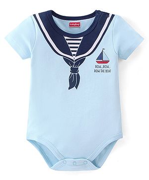 Babyhug 100% Cotton Knit Half Sleeves Onesies Boat Print - Blue