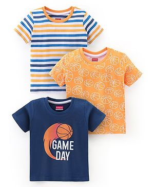 Babyhug Cotton Half Sleeves T-Shirt Stripes & Basketball Print Pack of 3- Orange & Navy Blue