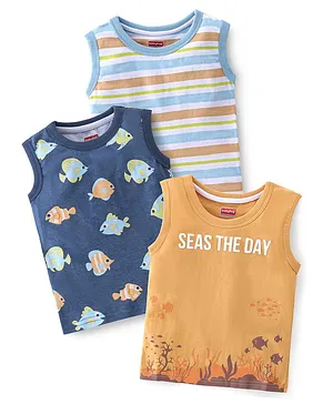 Babyhug Cotton Sleeveless T-Shirt With Stripes & Sea Life Print Pack Of 3 - Blue & Brown