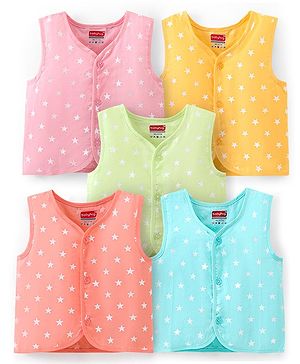 Babyhug 100% Cotton Woven Sleeveless Jhablas Star Print Pack of 5 - Pink Green & Blue