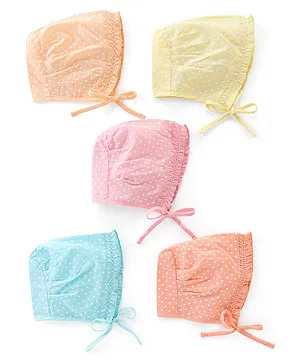 Babyhug 100% Cotton Woven Caps Polka Dot Print Pack of 5 Multicolor - Diameter 11.5 cm