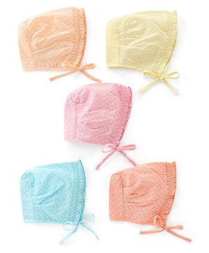 Babyhug 100% Cotton Woven Caps Polka Dot Print Pack of 5 Multicolor - Diameter 12 cm