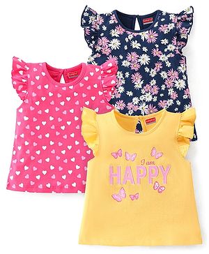 Babyhug 100% Cotton Half Sleeves Tops with Text Graphics & Frill Detailing Pack of 3 - Yellow & Pink