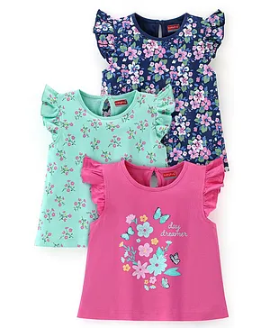 Babyhug 100% Cotton Frill Sleeves Tee With With Floral Graphics Pack of 3- Pink Blue & Green
