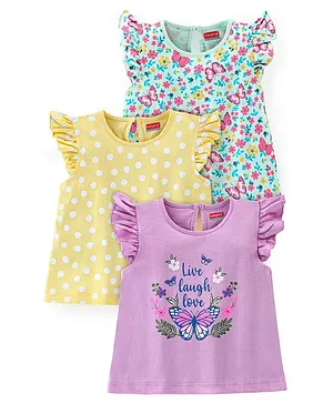 Babyhug 100% Cotton Frill Sleeves Tee With With Dot & Floral Graphics Pack of 3- Purple Yellow & Green