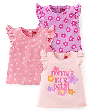 Babyhug 100% Cotton Half Sleeves Tee With Floral Graphics & Frill Detailing Pack Of 3- Peach & Purple