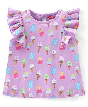 Babyhug 100% Cotton Knit Frill Sleeves Top with Ice-Creams Print - Purple