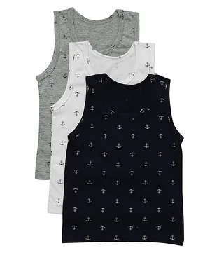 Chipbeys Pack Of 3 Sleeveless All Over Sea Anchor Printed Tees - Black Grey & White