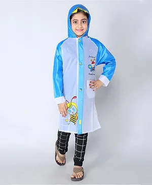 Aristocrat Full Sleeves Colour Blocked & Honey Bee Printed Hooded Rain Coat With School Bag Folder - Blue
