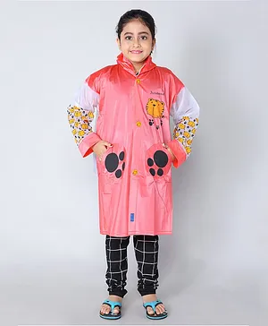 Aristocrat Full Sleeves Colour Blocked & Baby Tiger & Paw Printed Hooded Rain Coat With School Bag Folder - Pink