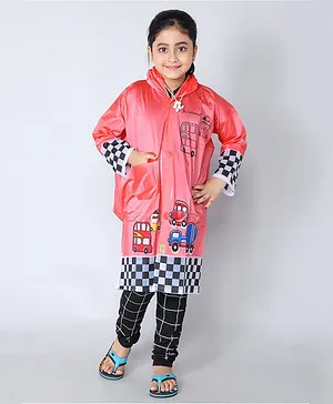 Aristocrat Full Sleeves Checkered & Vehicles Printed Hooded Rain Coat With School Bag Folder - Pink
