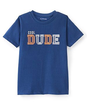 Pine Kids Cotton Half Sleeves T-Shirt Text Print - Blue Limoges