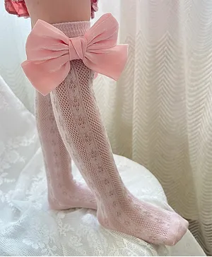 Flaunt Chic Bow Appliqued High Knee Mesh Lace Socks - Pink