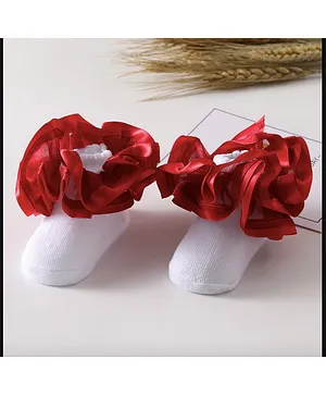Flaunt Chic Flower Ruffle Lace Ankle Length Socks  - Red
