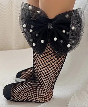 Flaunt Chic Bow Pearls Applique Calf Length Socks - Black
